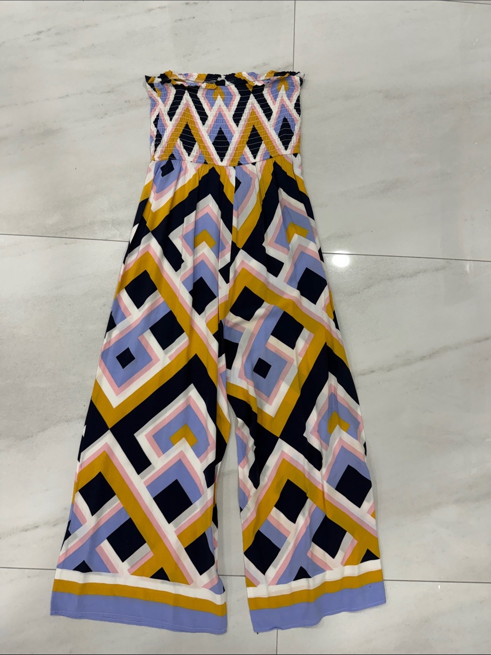 Olivaceous Strapless Wide-Leg Jumpsuit in Navy, Mustard & Lilac
